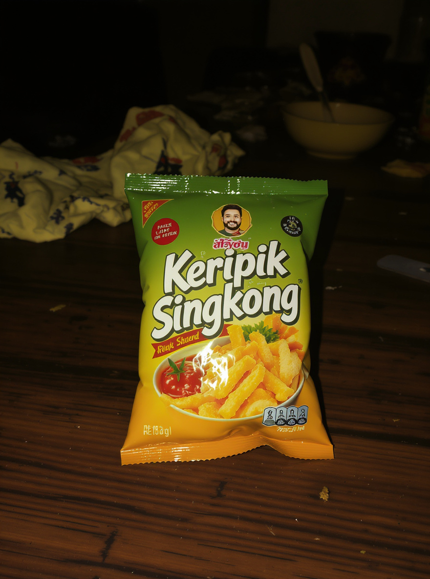 Foto keripik singkong dari HP — gelap, latar berantakan